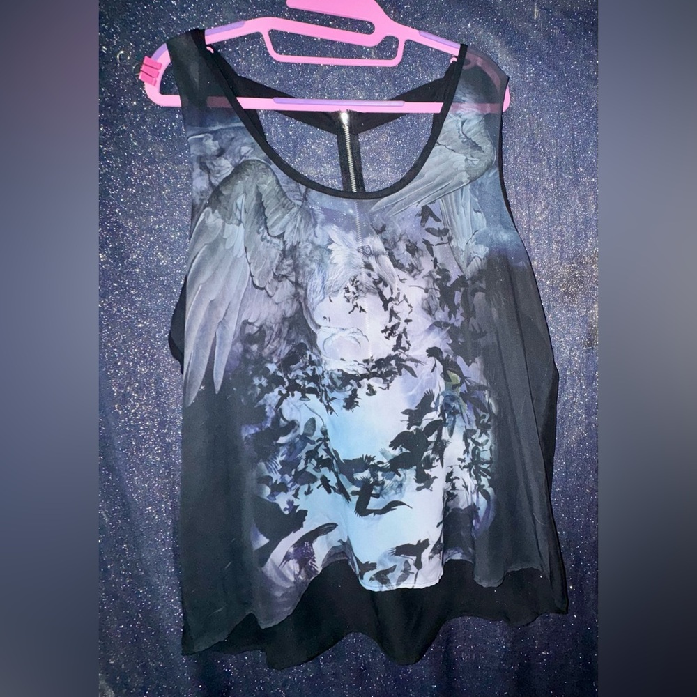 Teenage Runaway Sheer Tank Ravens In Dark Forest Zipper Back With Cut Outs XXL